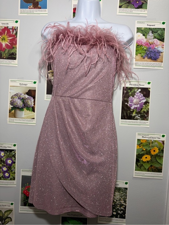 Speechless Dresses & Skirts - Speechless Dusty Rose Strapless Feather-Trim Glitter Dress